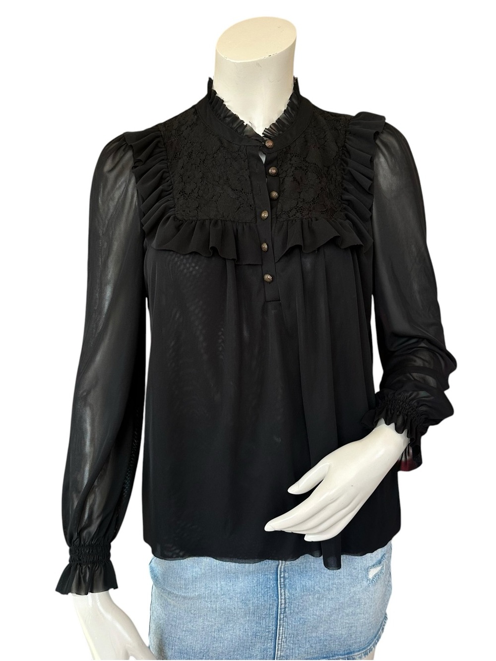 Anthropologie Black Ruffle Dark Academia Romantic Mesh Flowy Blouse Size XS